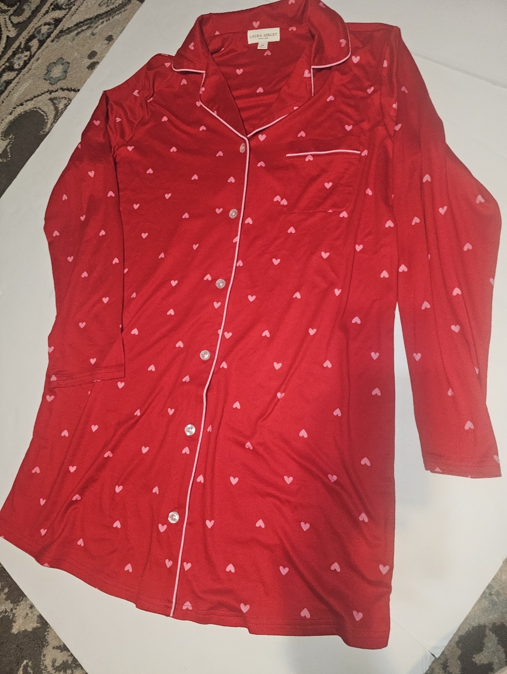 Laura Ashley Red Heart Sleep Shirt Nightgown Button Front M Valentine